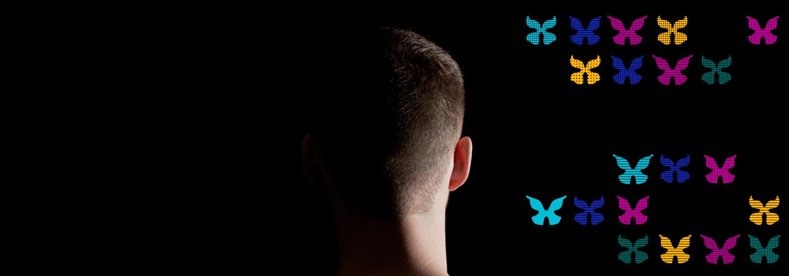 Back of a man's head and neck on a dark background with colourful graphic logo elements