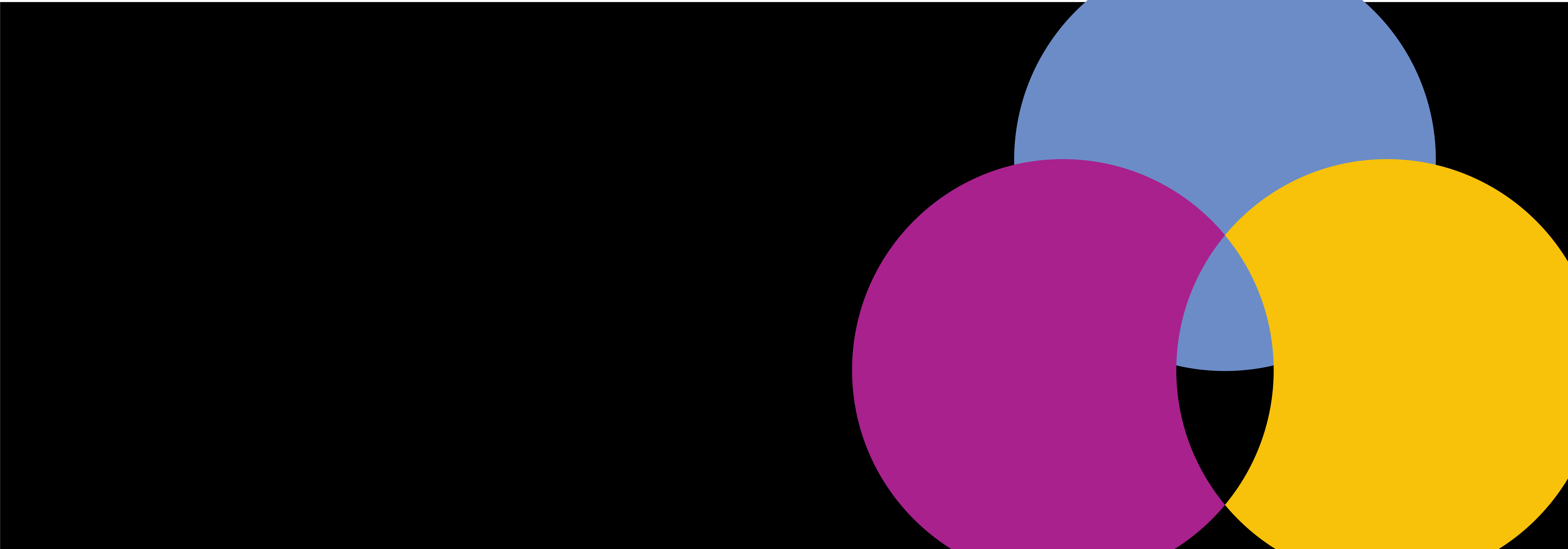 Graphic of three interlocking circles in pink, yellow and light purple on a black background