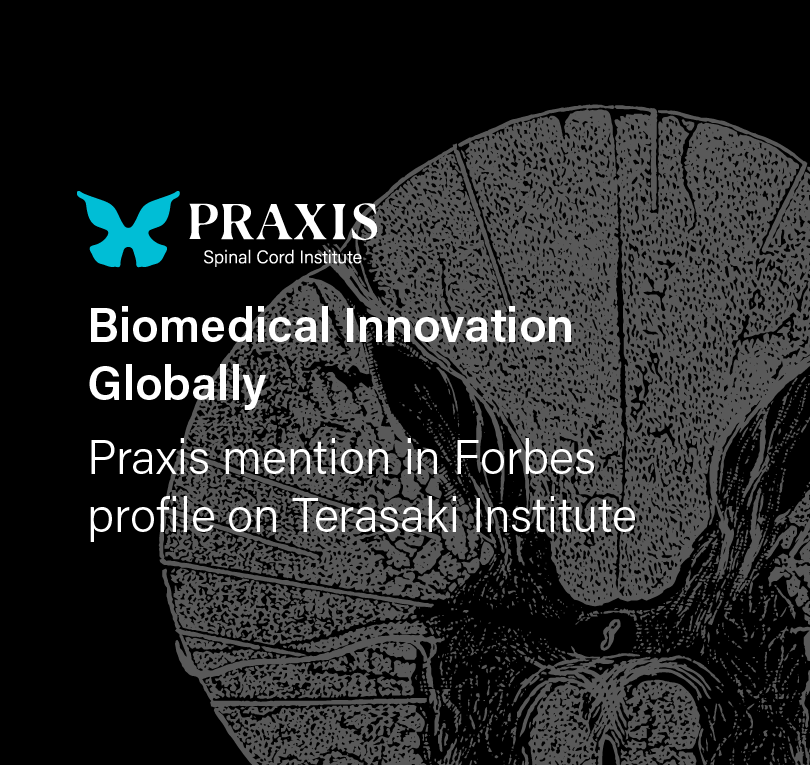 Graphic image of cross-section of the spinal cord on black background with Praxis logo and text that reads 